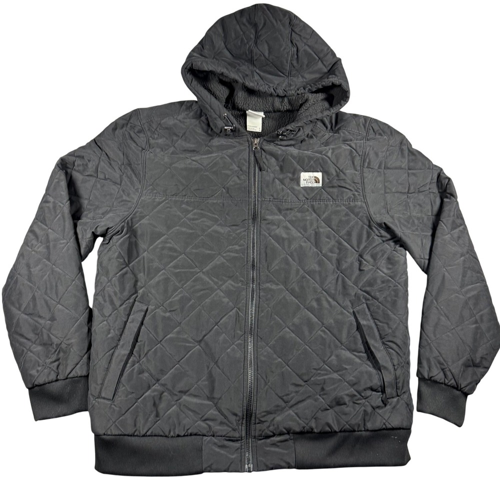 The North Face Mens XL Black Quilted Sherpa Lined Full Zip Hoodie Bomber Jacket